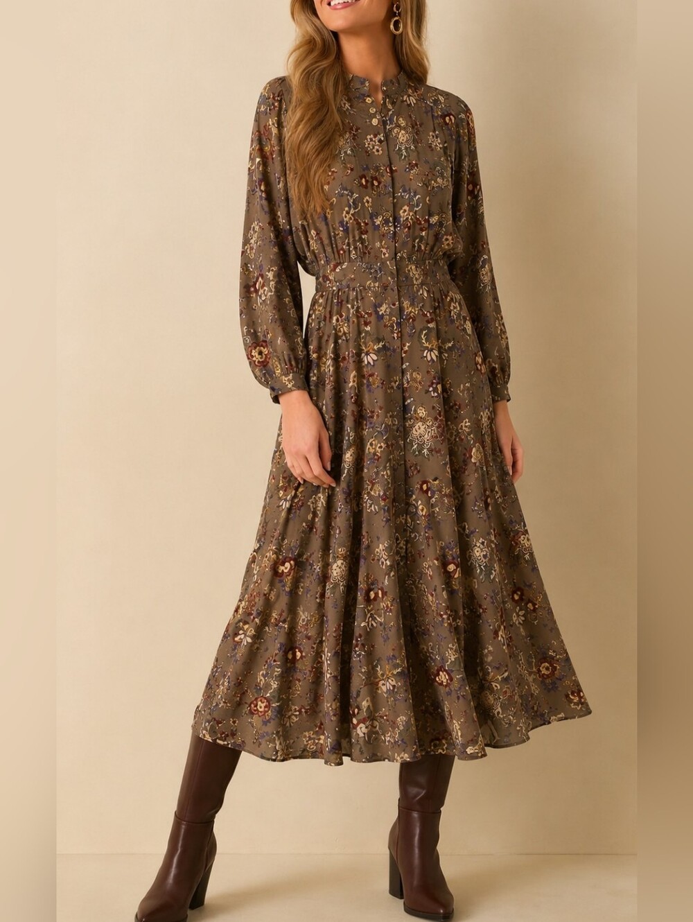 Liz Claiborne Dress Size 8 Brown Floral Midi Prairie Dress Rayon Button Front